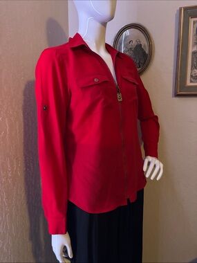 MICHAEL Michael Kors Red Zip-Front Long-Sleeve Blouse